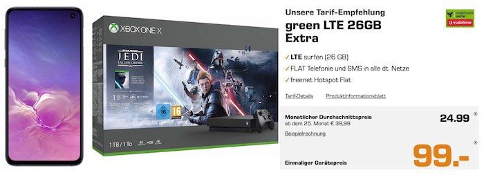 Top: Galaxy S10e + Xbox One X Star Wars für 99€ + Vodafone Flat mit 26GB LTE (!) für rechn. 24,99€ mtl.