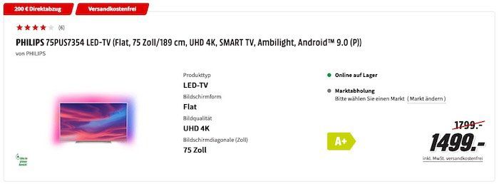 MediaMarkt: Bis 300€ Direkt Rabatt auf Fernseher   z.B. Philips 75 UltraHD mit Ambilight für 1.299€ (statt 1.499€)