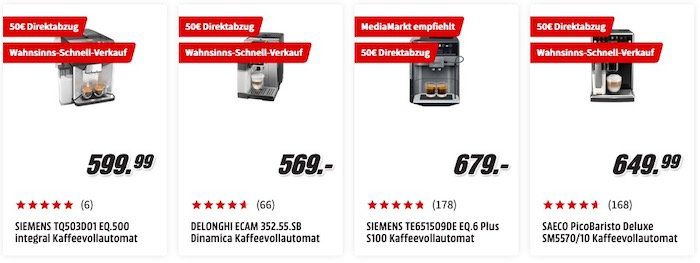 MediaMarkt: Direktrabatte auf über 90 Kaffeevollautomaten   z.B. Philips LatteGo ab 349€ (statt 418€)