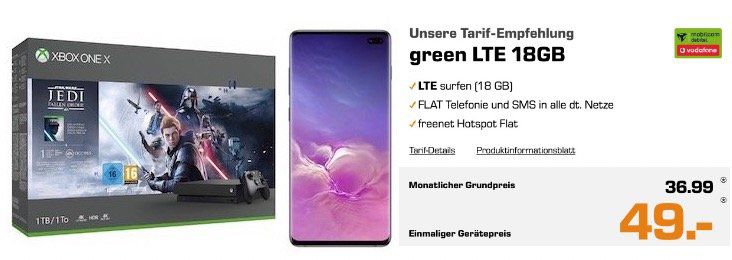 Knaller! Galaxy S10 Plus + Xbox One X Star Wars Bundle für 49€ + Vodafone Flat mit 18GB LTE für 36,99€ mtl.