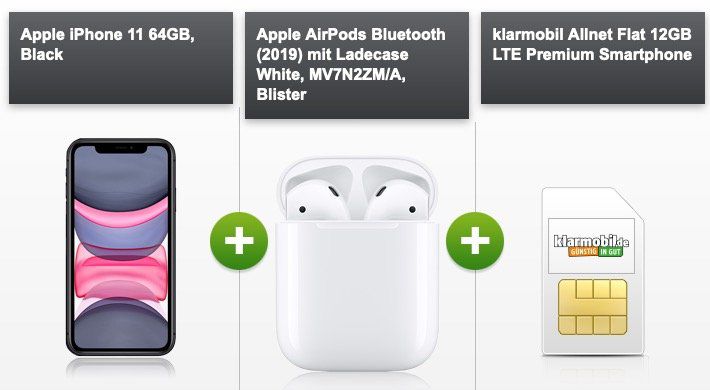 Apple iPhone 11 128GB + Airpods 2. Gen für 75€ mit Vodafone Allnet Flat mit 12GB LTE50 für 44,99€ mtl.