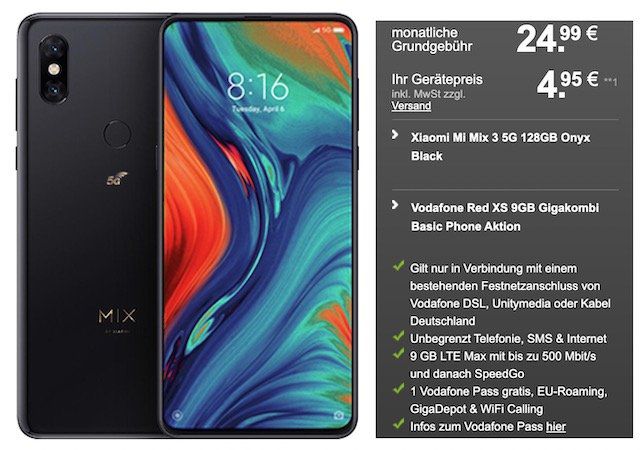 Abgelaufen! Gigakombi: Xiaomi Mi Mix 3 5G für 4,95€ + Vodafone Flat mit 9GB LTE für 22,49€ mtl.