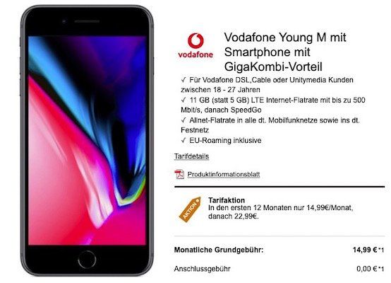 Young + Gigakombi: iPhone 8 für 29€ + Vodafone Flat mit 11GB LTE für 18,99€ mtl.