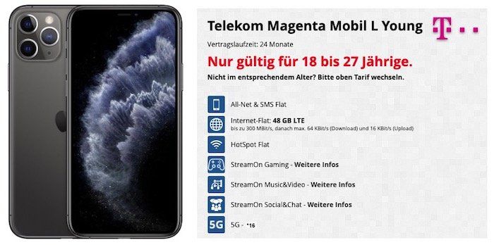 Young + MagentaEins: iPhone 11 Pro für 84€ + Telekom Flat mit 48GB LTE (!) + StreamOn für 49,95€ mtl.