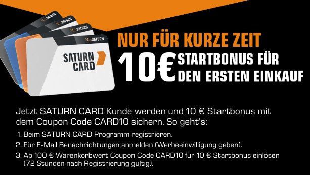 Saturn Card Neukunden: 10€ Startguthaben mit nur 100€ MBW für den ersten Einkauf