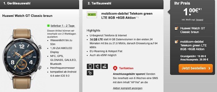 Telekom Flat mit 14GB LTE für 19,99€ mtl. + Huawei Watch GT Classic für 1€