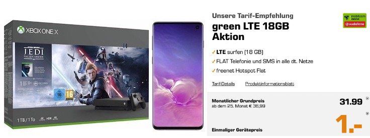 Knaller! Galaxy S10 + Xbox One X Star Wars Bundle für 1€ + Vodafone Flat mit 18GB LTE für 31,99€ mtl.