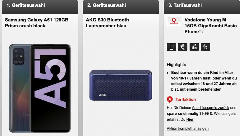 Young + GigaKombi: Samsung Galaxy A51 + AKG Lautsprecher für 4,95€ + Vodafone Flat mit 15GB LTE für 19,99€ mtl.