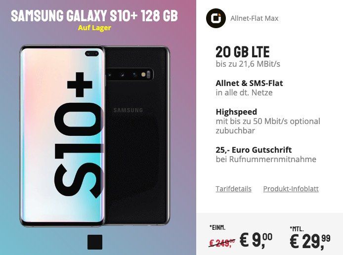 Samsung Galaxy S10+ für 9€ + Vodafone Flat mit 20GB LTE für 29,99€ mtl.