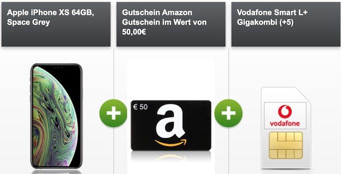 GigaKombi: iPhone XS für 4,95€ + gratis 50€ Amazon Gutschein + Vodafone Flat mit 18GB LTE für 36,99€ mtl.