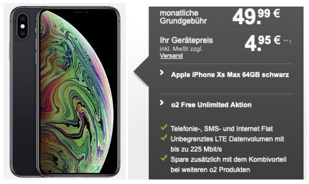 Apple iPhone XS Max mit 64GB für 4,95€   mit O2 Free Allnet Flat mit unlimited LTE Max für 49,99€ mtl.