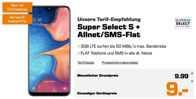 Samsung Galaxy A20e für 9€ + Allnet Flatrate im O2 Netz mit 3GB LTE50 für 9,99€ mtl.