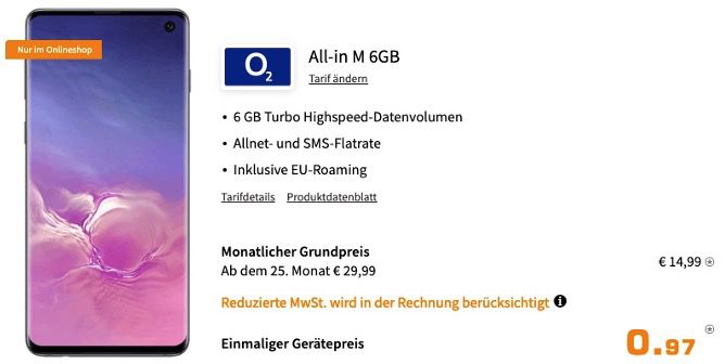 Abgelaufen! Samsung Galaxy S10 128GB für 0,97€ + O2 Flat mit 6GB LTE für 14,99€ mtl.