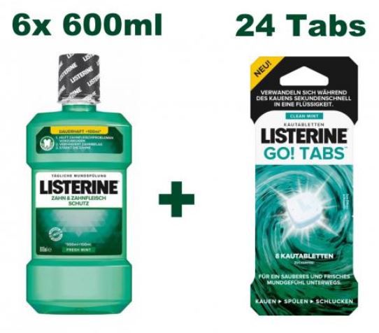 Listerine Mundwasser 6 x 600ml + 6 x 4er Listerine Go! Kautabletten für 22,90€ (statt 40€)