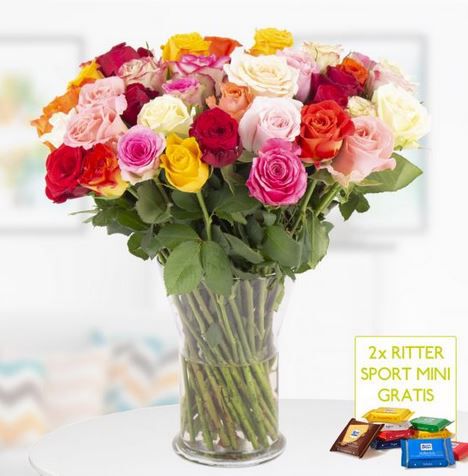 40 bunte Rosen + 2 gratis Mini Schokis + Grußkarte für 24,90€