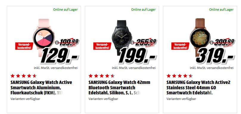 Media Markt Samsung Watch Nacht: z. B. SAMSUNG Active Smartwatch Aluminium für 129€ (statt 197€)