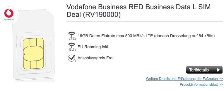 Vodafone Business RED Business Data L mit 16GB LTE für eff. 7,99€ mtl.