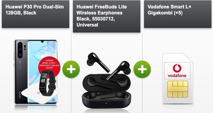 GigaKombi: Huawei P30 Pro + Band 4 Pro + Waage + FreeBuds für 29€ + Vodafone Flat mit 18GB LTE für 36,99€ mtl.
