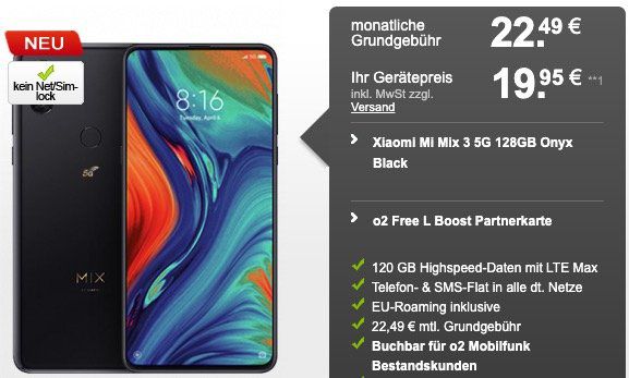 o2 Bestandskunden: Xiaomi Mi Mix 3 5G für 19,95€ + o2 Flat mit 120GB LTE (!!!) für 22,49€ mtl.