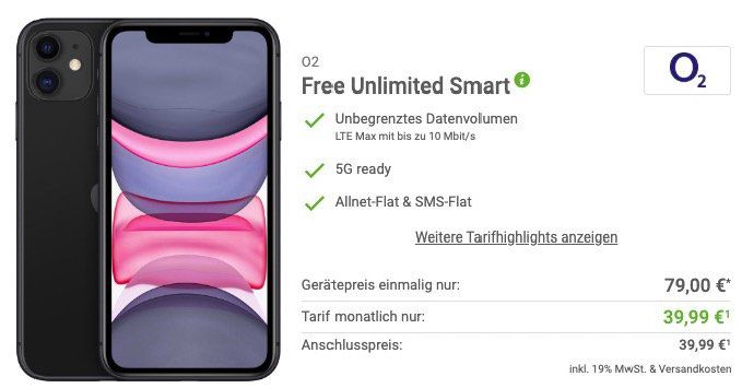 Apple iPhone 11 für 79€ + o2 Flat mit unlimited LTE inkl. 5G ready für 39,99€ mtl.