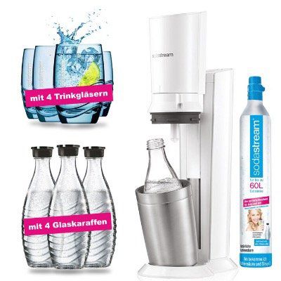SodaStream Crystal 2.0 in Weiss inkl. 4 Glaskaraffen & 4 Design Trinkgläser für 129,99€ (statt 150€)