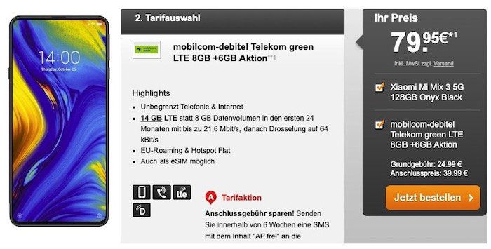 Xiaomi Mix 3 5G für 79,95€ + Telekom Flat mit 14GB LTE (auch eSim) für 24,99€ mtl.
