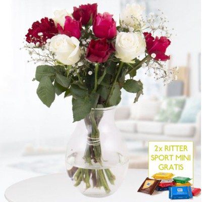 10 gemischte Rosen 40cm mit Schleierkraut inkl. 2x Ritter Sport Mini für 19,90€ (statt 28€)