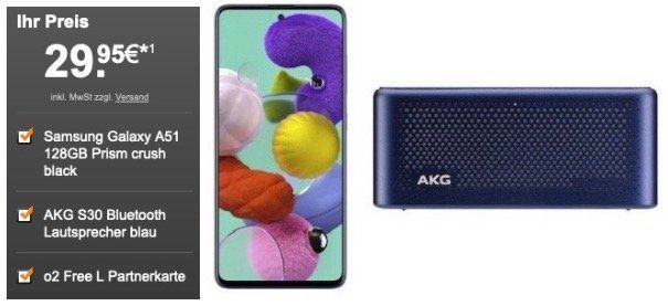 Vorbei! o2 Kunden: Partnerkarte mit 60GB LTE für 19,99€ mtl. + Samsung Galaxy A51 + AKG Lautsprecher für 29,95€