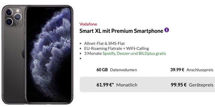 🔥 Apple iPhone 11 Pro Max 64GB für 99,95€ + Vodafone Flat mit 60GB LTE für 61,99€ mtl.