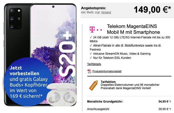 MagentaEins: Samsung Galaxy S20+ inkl. Galaxy Buds+ für 149€ + Telekom Flat mit 24GB LTE für 54,95€ mtl.