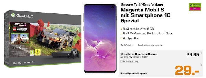 Samsung Galaxy S10 + Xbox One X Forza für 29€ + Telekom Flat mit 6GB LTE für rechn. 29,95€ mtl.