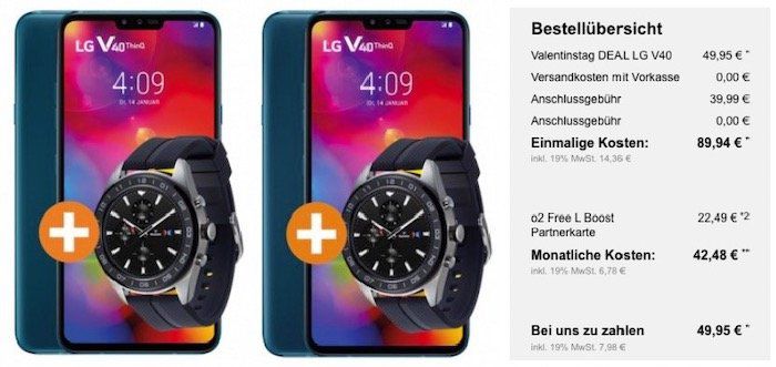 Pärchen Knaller: 2x LG V40 ThinQ + 2x LG W7 Watch für 89,94€ + 2x o2 Tarif (5GB + 120GB) für zusammen 42,48€ mtl.