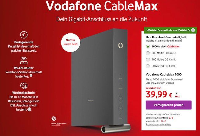 Vodafone Cablemax Gigabit Tarif dauerhaft (!) für 39,99€ mtl.