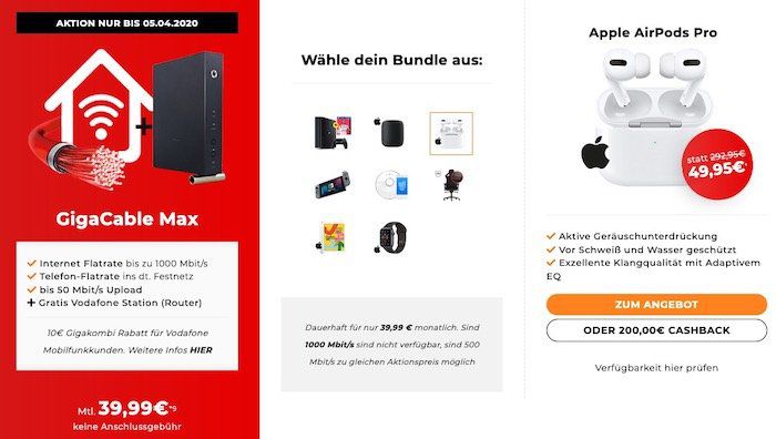 Vodafone/Unitymedia GigaCable mit 1 Gigabit für 39,99€ mtl. inkl. Zugabe: z.B. Apple AirPods Pro für 49,95€