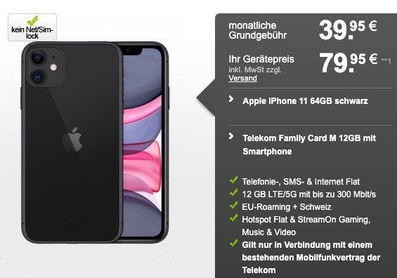 Bestandskunden: Telekom Family Card M 12GB LTE für 39,95€ mtl. + iPhone 11 für 79,95€