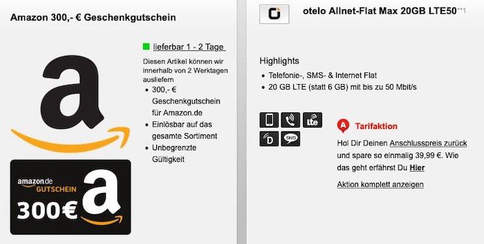 🔥 Otelo Allnet Flat im Vodafone Netz mit 20GB LTE50 für 31,98€ mtl. + 300€ Amazon Gutschein