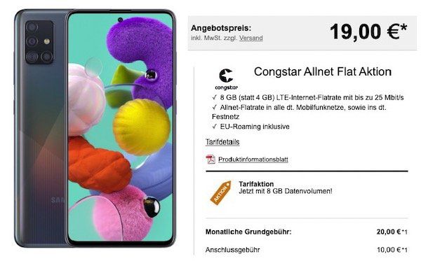 Samsung Galaxy A51 für 19€ + Telekom Flat mit 8GB LTE für 20€ mtl.