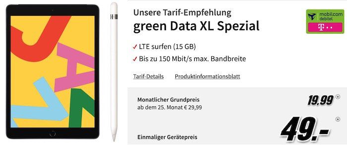 Vorbei! iPad 2019 mit LTE und 32GB + Apple Pencil für 49€ + Telekom 15GB LTE Datenflat für 19,99€ mtl.
