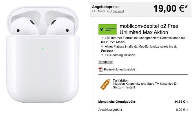 AirPods 2 inkl. wireless Ladecase für 19€ + o2 Flat mit unlimited LTE für 34,99€ mtl.