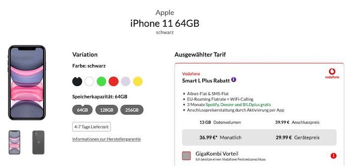 Apple iPhone 11 mit 64GB für 29,99€ + Vodafone Allnet Flat mit 13GB LTE für 36,99€ mtl.