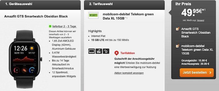 Telekom Datentarif mit 15GB LTE für 15,99€ mtl. + Amazfit GTS Smartwatch für 49,95€