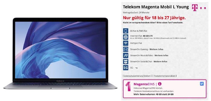 Young + MagentaEins: Apple MacBook Air 13 für 4,95€ + Telekom Flat mit 48GB LTE (!) für 49,95€ mtl.