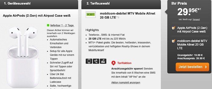 Apple AirPods (2.Gen) für 29,95€ + o2 Flat mit 20GB LTE für 19,99€ mtl. + gratis MTV+ Paket