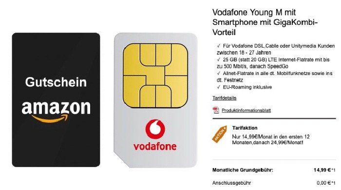 Young + GigaKombi: Vodafone Flat mit 25GB LTE für 19,99€ mtl. + 365€ Amazon Gutschein