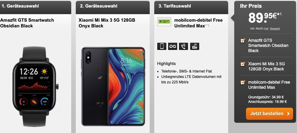 Xiaomi Mi Mix 3 5G + Amazfit GTS Smartwatch für 89,95€ + o2 Flat mit unlimited LTE für 34,99€ mtl.