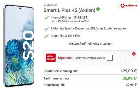 Samsung Galaxy S20 für 129€ + Vodafone Flat mit 13GB LTE für 36,99€ mtl.