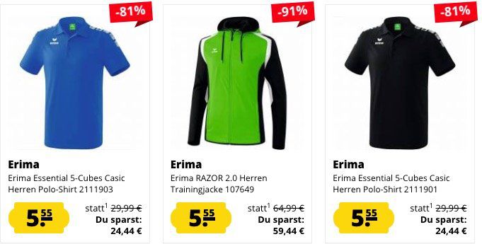Erima Fixpreis Sale   ALLES für 5,55€ + VSK   z.B. Erima Essential 5 Cubes Casic Poloshirt (statt 17€)