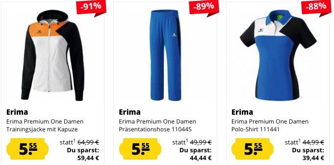 Erima Fixpreis Sale   ALLES für 5,55€ + VSK   z.B. Erima Essential 5 Cubes Casic Poloshirt (statt 17€)