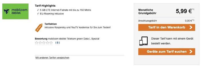 Datenflatrate im Telekom Netz mit 5GB LTE mit 150 MBit für eff. 5,99€ mtl.