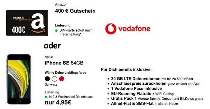 Vodafone Young M Allnet 20GB LTE für 29,99€ mtl. + 400€ Amazon oder Apple iPhone SE 2020